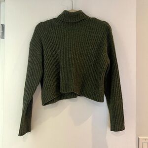 Green Ribbed Knit Turtleneck Cropped Sweater